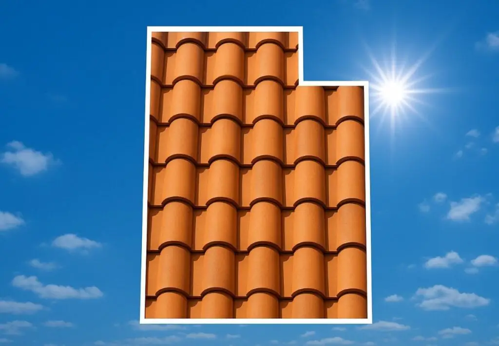 Outline of the State of Utah filled in with an image of clay roof tiles, set against a background of blue sky with clouds and sun.
