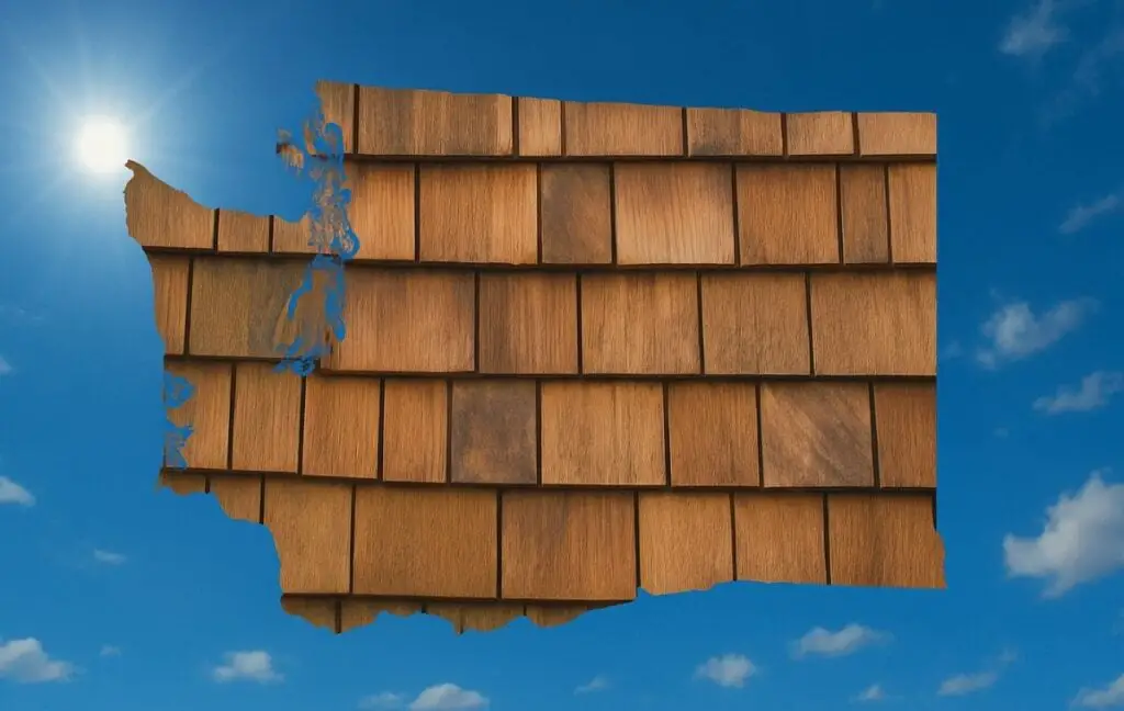 Outline of the State of Washington filled in with an image of rcedar shingles, set against a background of blue sky with clouds and sun.