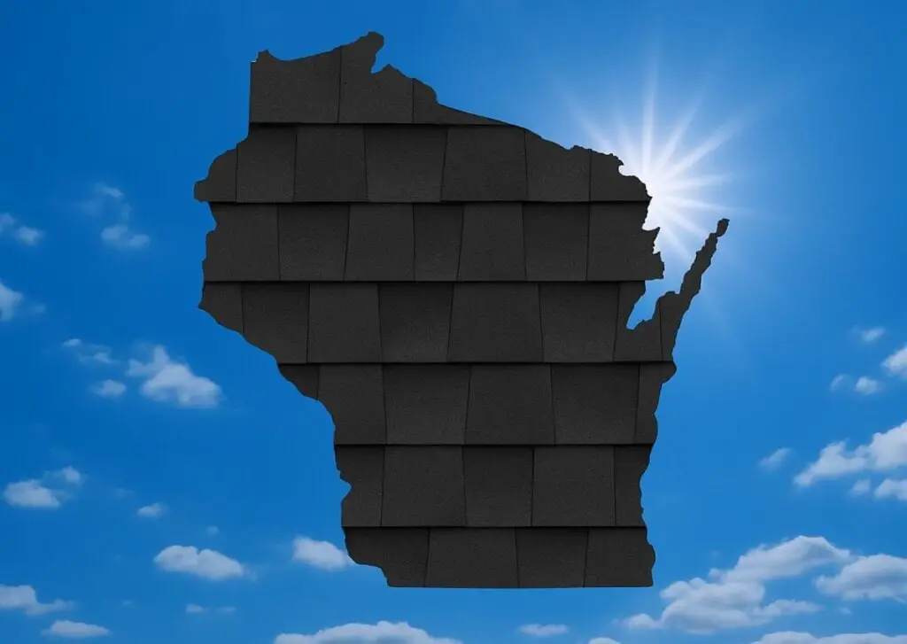 Outline of the State of Wisconsin filled in with an image of asphalt shingles, set against a background of blue sky with clouds and sun.