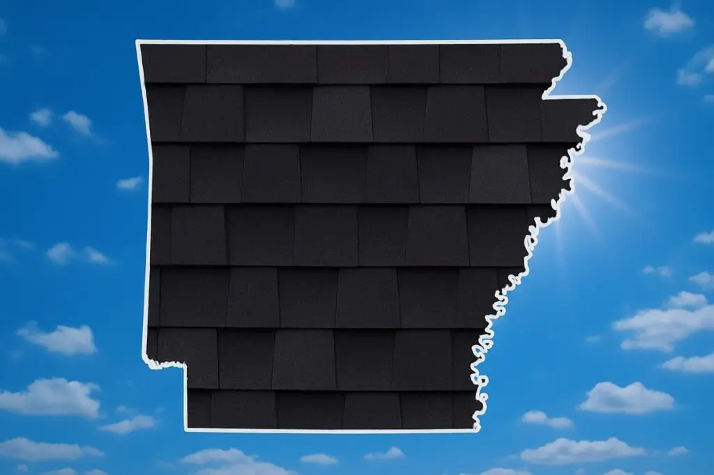 Outline of the State of Arkansas filled in with an image of asphalt shingles, set against a background of blue sky with clouds and sun.