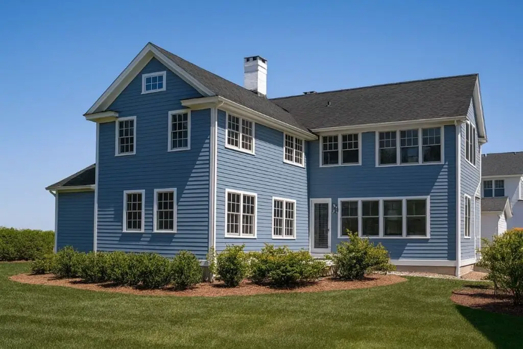 A blue house with a cross-gable layout.
