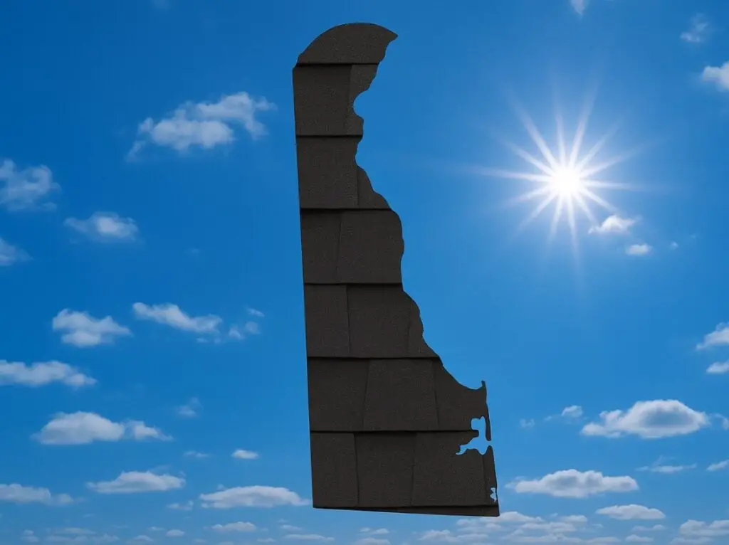 Outline of the State of Delaware filled in with an image of asphalt shingles, set against a background of blue sky with clouds and sun.
