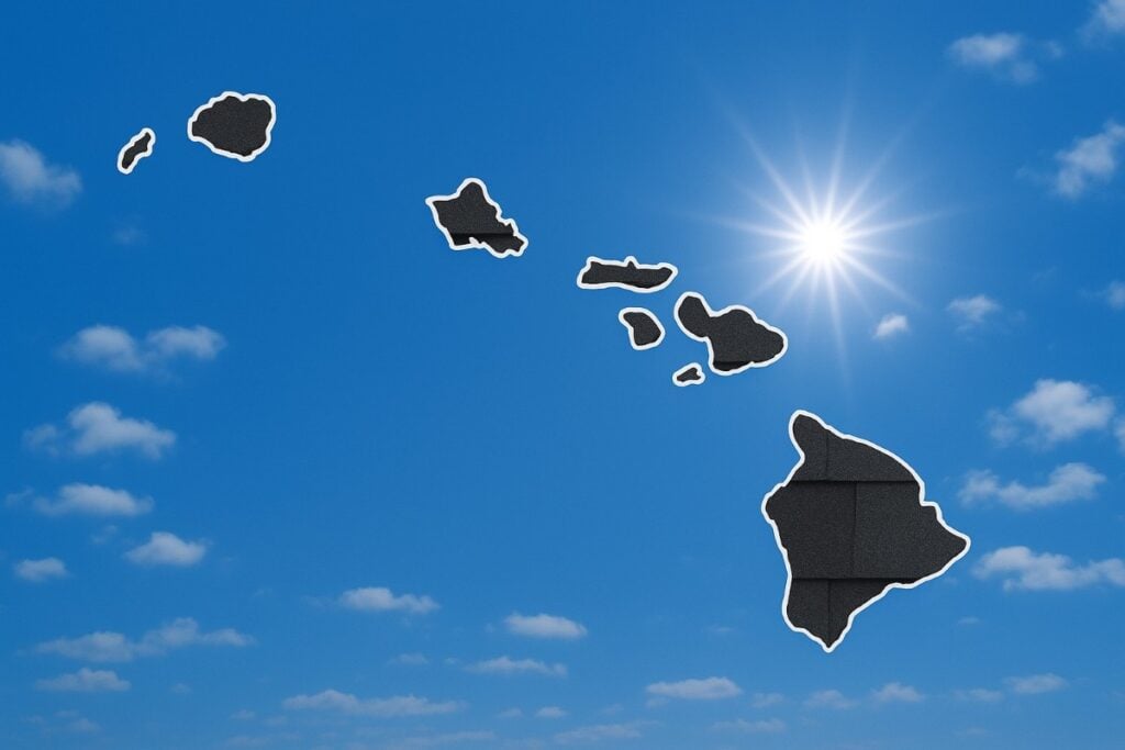 Outline of the State of Hawaii filled in with an image of asphalt shingles, set against a background of blue sky with clouds and sun.