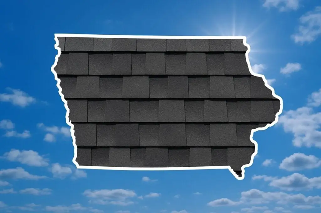 Outline of the State of Iowa filled in with an image of asphalt roof shingles, set against a background of blue sky with clouds and sun.