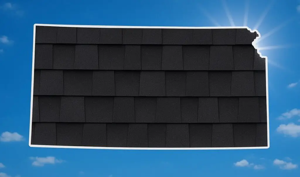 Outline of the State of Kansas filled in with an image of asphalt shingles, set against a background of blue sky with clouds and sun.
