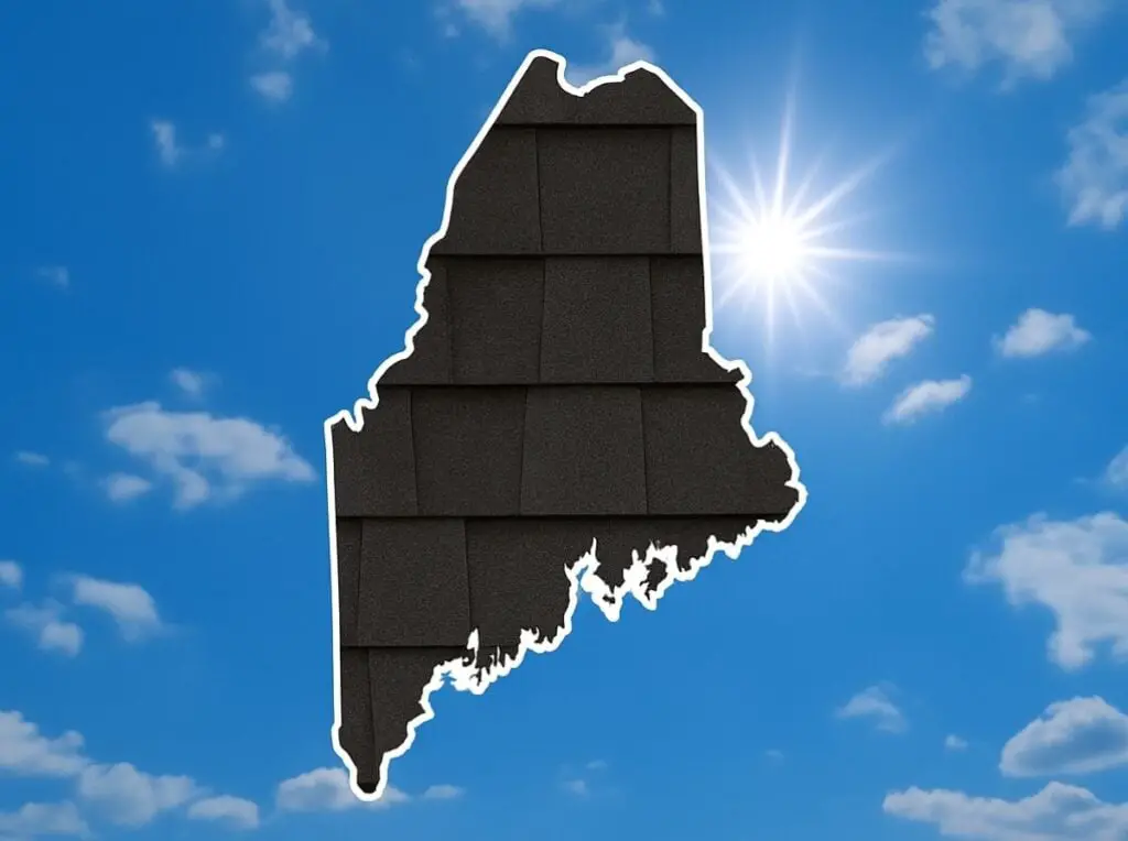Outline of the State of Maine filled in with an image of asphalt roof shingles, set against a background of blue sky with clouds and sun.