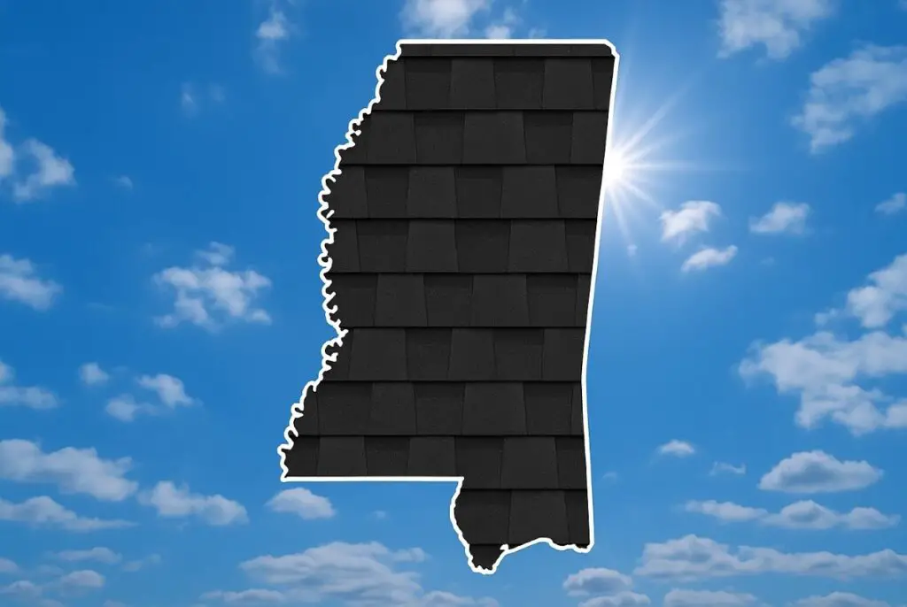 Outline of the State of Mississippi filled in with an image of asphalt shingles, set against a background of blue sky with clouds and sun.