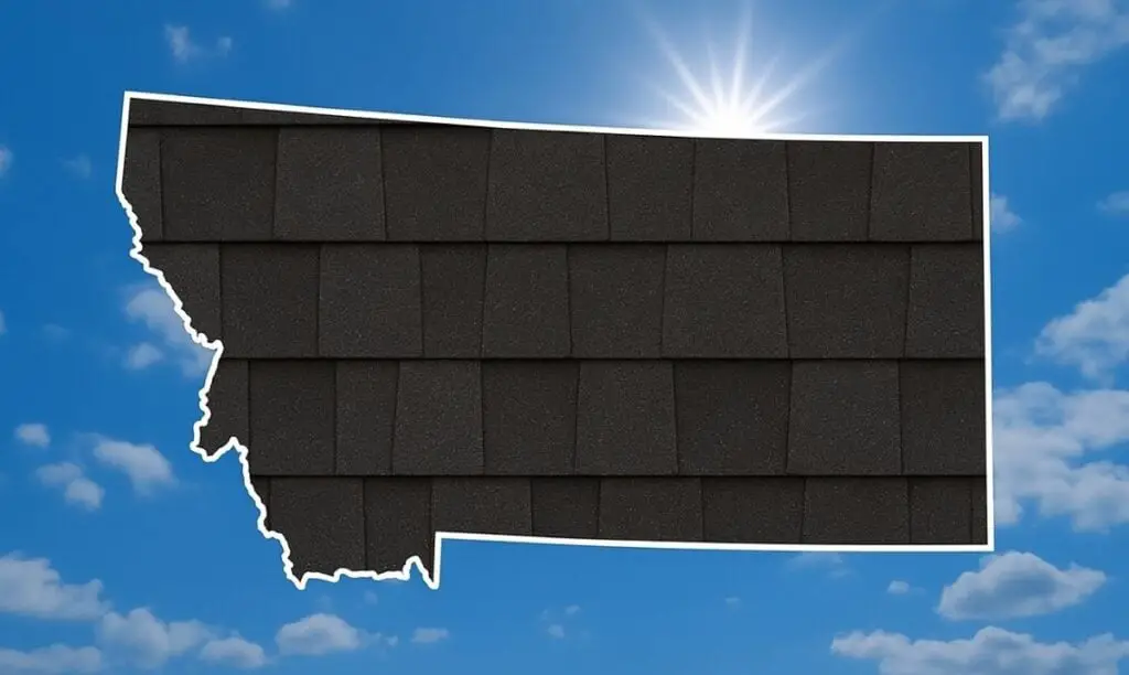 Outline of the State of Montana filled in with an image of asphalt roof shingles, set against a background of blue sky with clouds and sun.