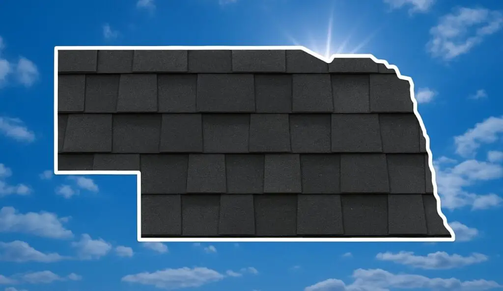 Outline of the State of Nebraska filled in with an image of asphalt roof shingles, set against a background of blue sky with clouds and sun.