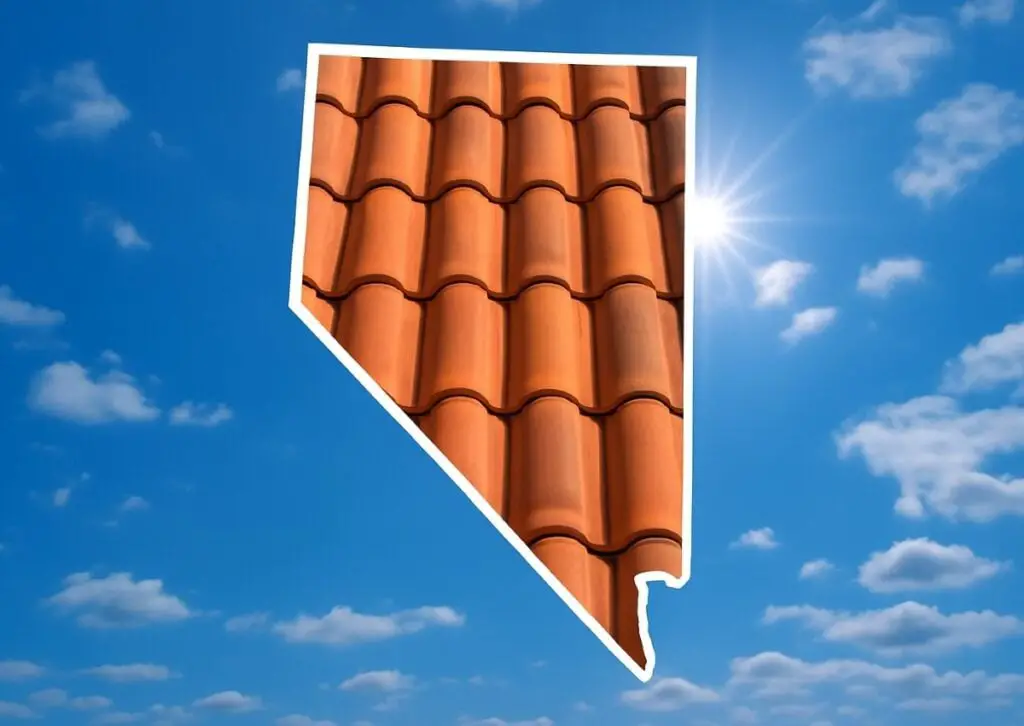 Outline of the State of Nevada filled in with an image of clay roof tiles, set against a background of blue sky with clouds and sun.
