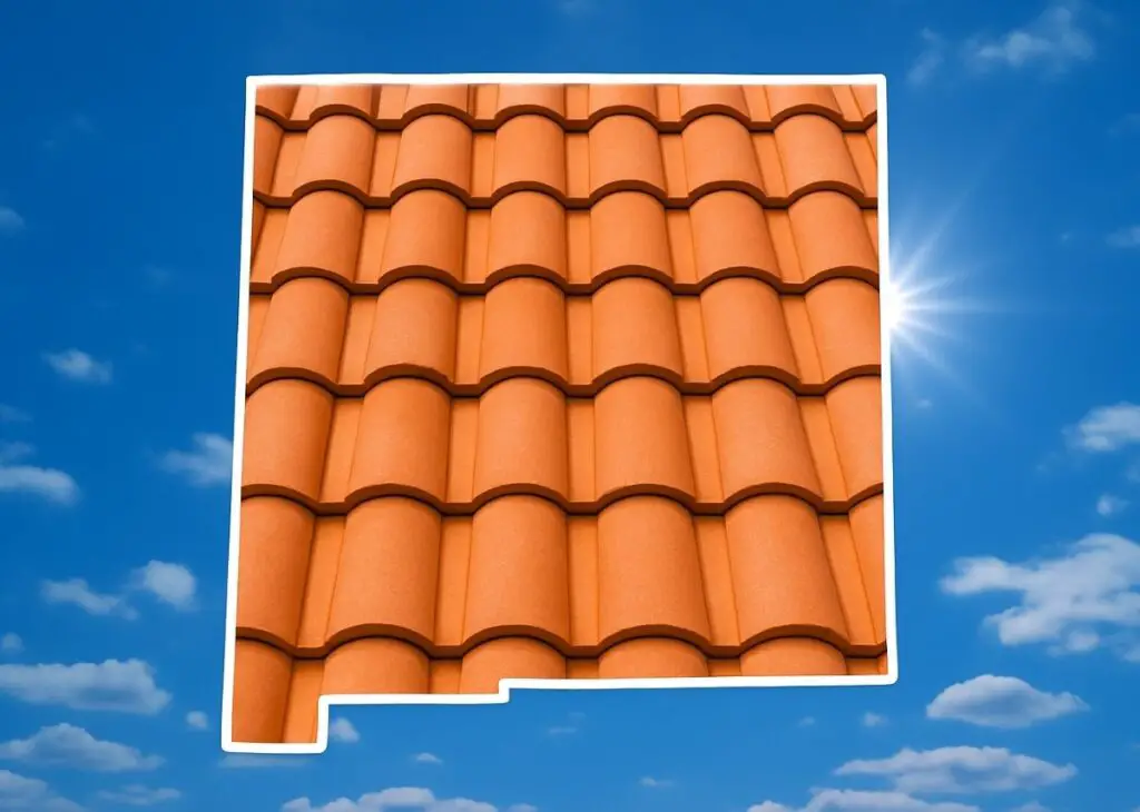 Outline of the State of New Mexico filled in with an image of clay roof tiles, set against a background of blue sky with clouds and sun.