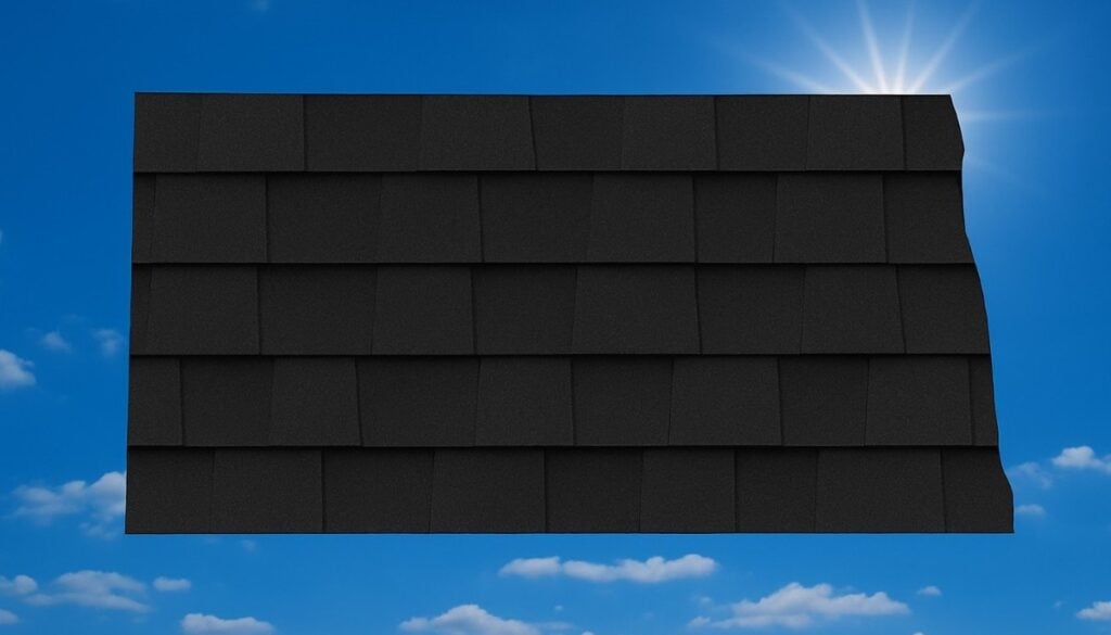 Outline of the State of North Dakota filled in with an image of asphalt roof shingles, set against a background of blue sky with clouds and sun.
