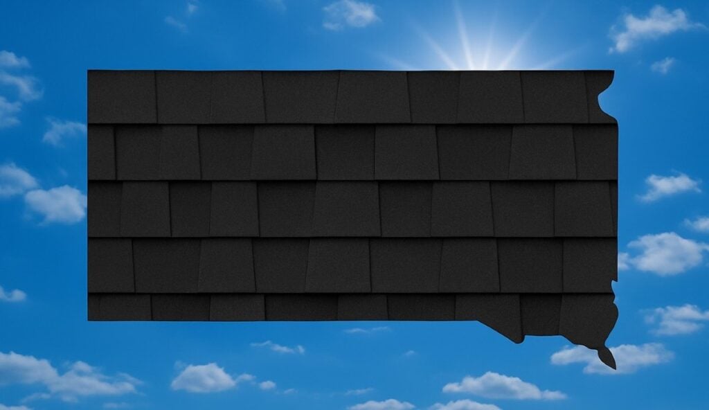 Outline of the State of South Dakota filled in with an image of asphalt roof shingles, set against a background of blue sky with clouds and sun.