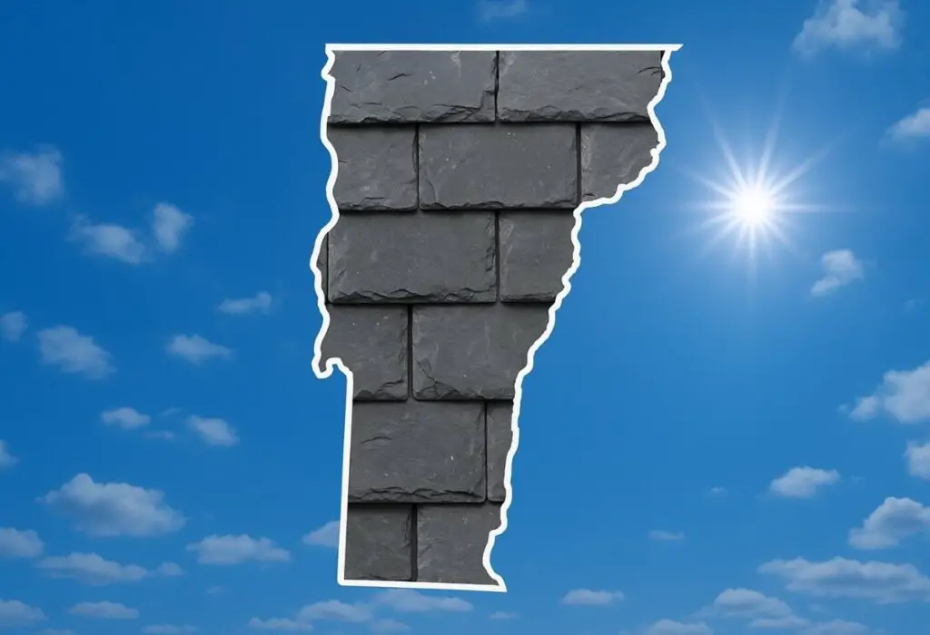 Outline of the State of Vermont filled in with an image of a slate roof, set against a background of blue sky with clouds and sun.