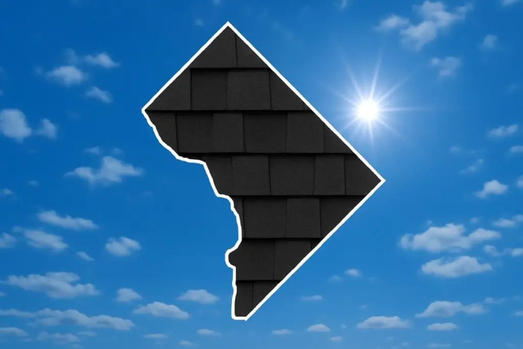 Outline of Washington, D.C. filled in with an image of asphalt shingles, set against a background of blue sky with clouds and sun.