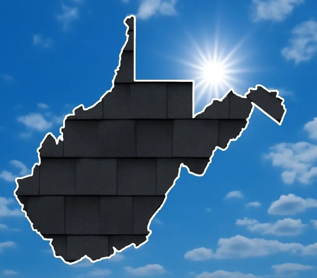 Outline of the State of West Virginia filled in with an image of asphalt shingles, set against a background of blue sky with clouds and sun.
