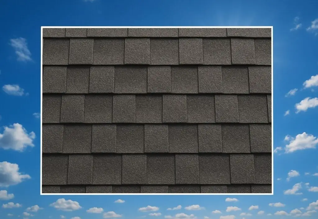 Outline of the State of Wyoming filled in with an image of asphalt roof shingles, set against a background of blue sky with clouds and sun.