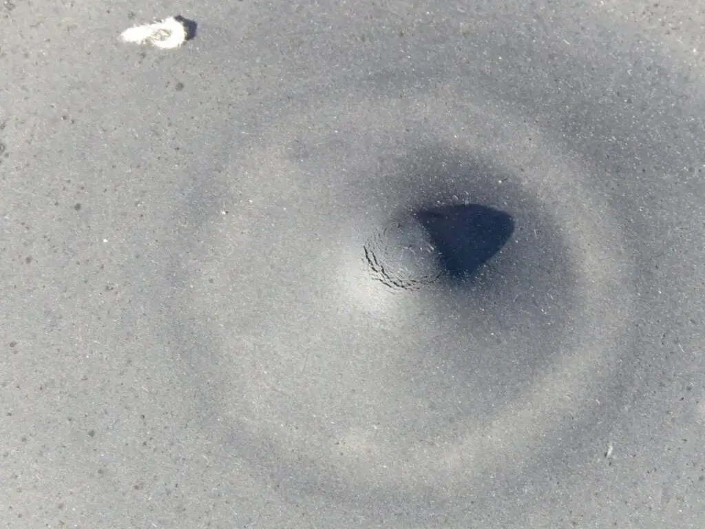 Damaged EPDM membrane at the location of a fastener that is backing out.