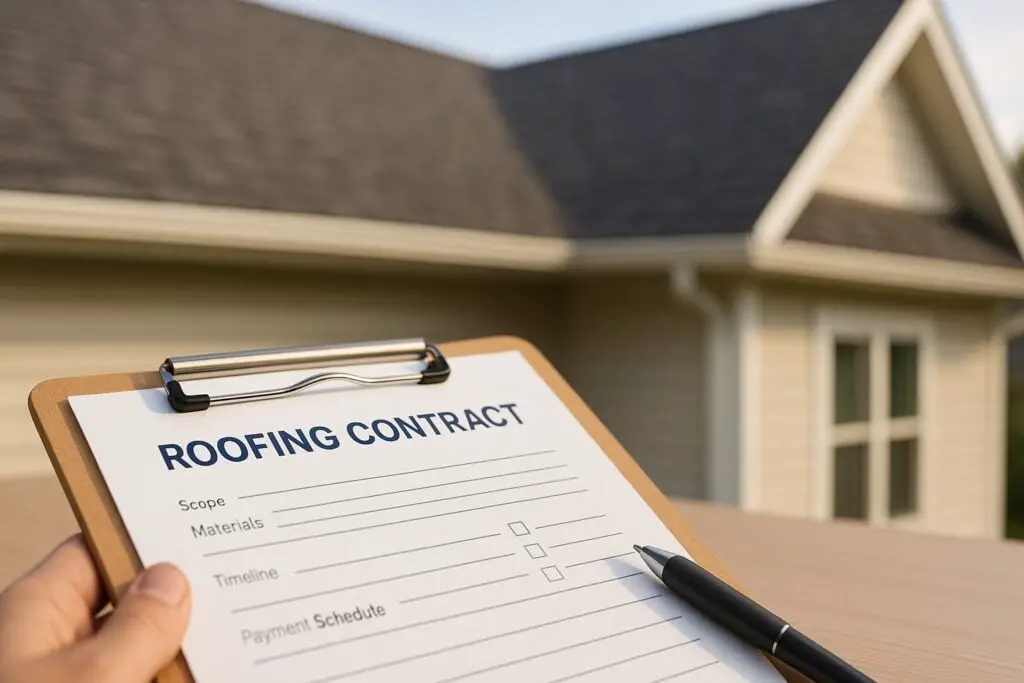 Roofing contract on a clipboard with a suburban roof in the background.