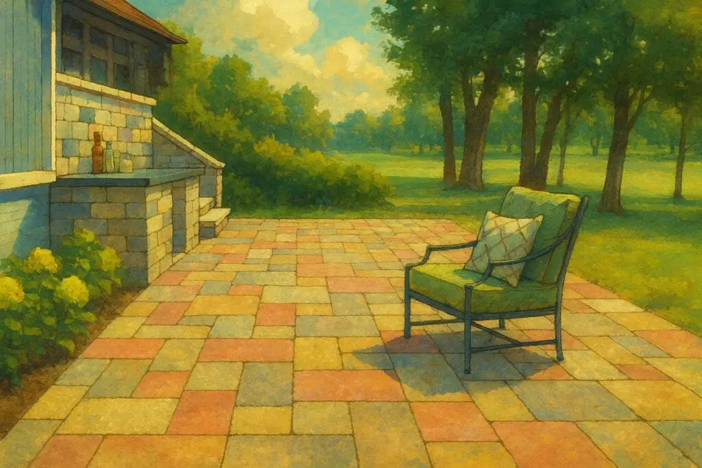 A ghiblified image of a patio made with multicolored pavers of different sizes with a chair sitting on the patio.