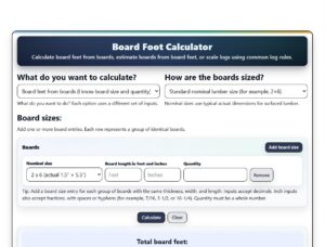 Screenshot of the Board Foot Calculator from the Jack Gray's Roof Observations website.